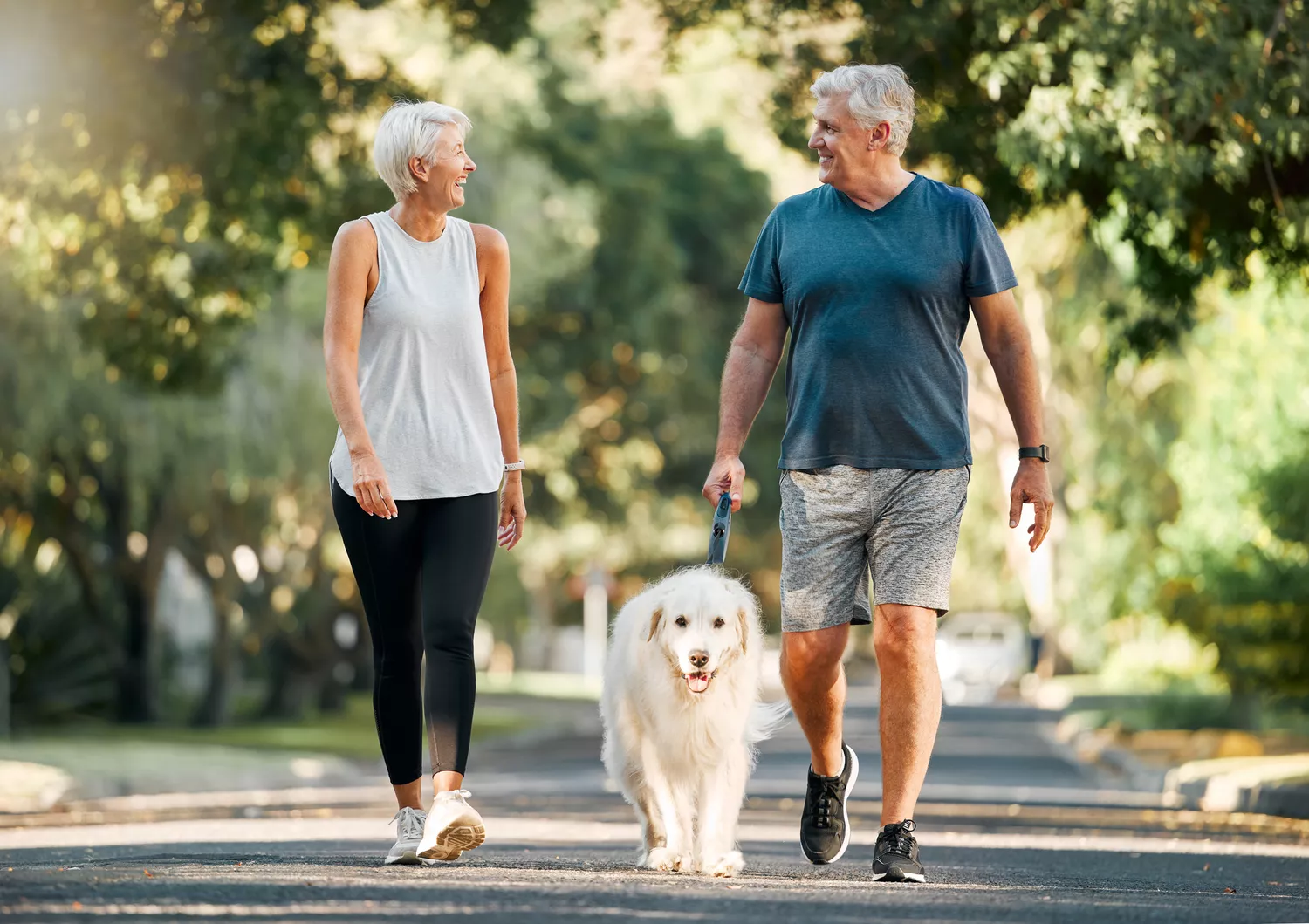 Two people smiling at each other while walking with their dog on a leash. 
