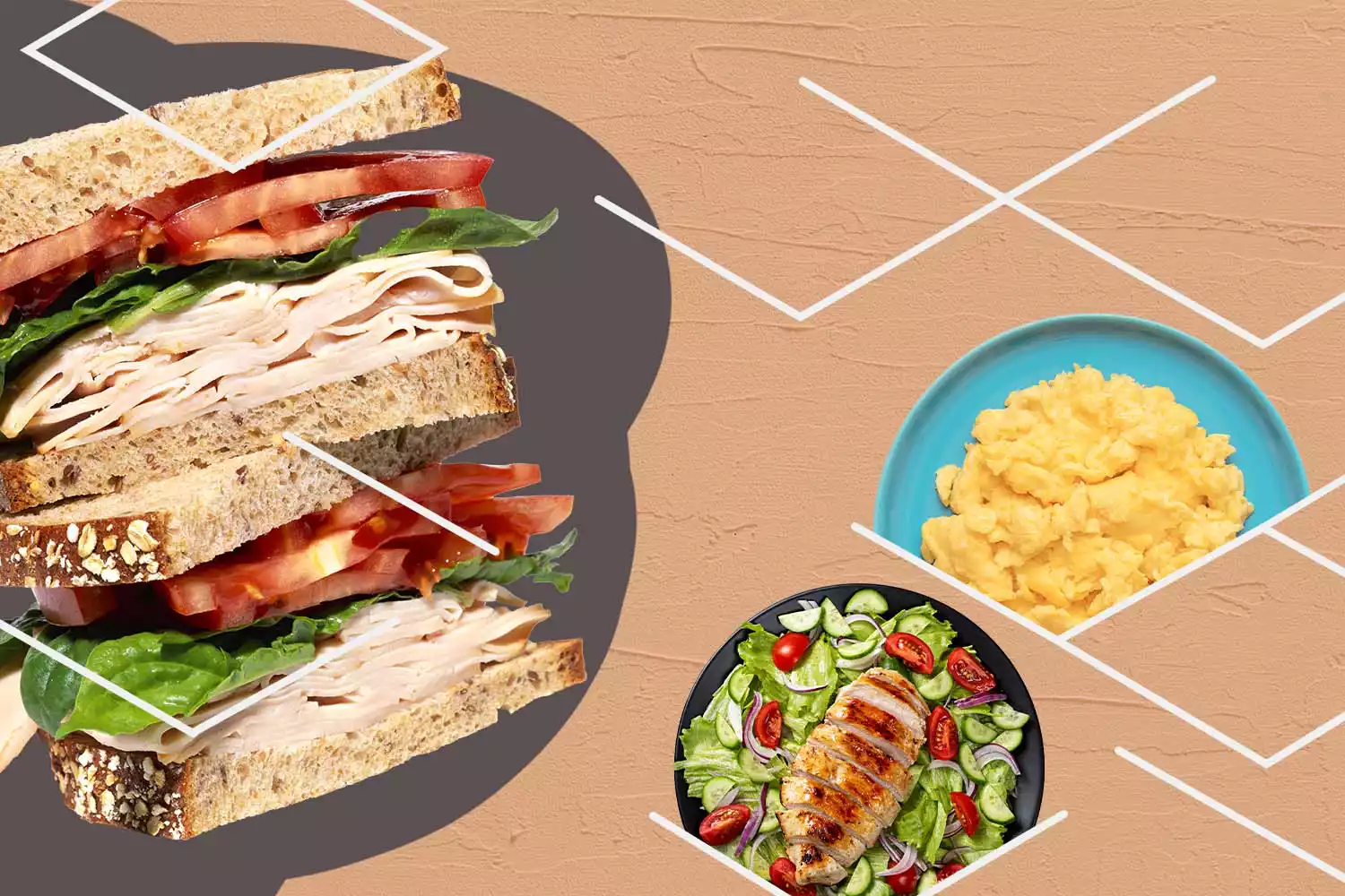 High Protein Foods: Turkey Sandwich, Scrambled Eggs, Chicken